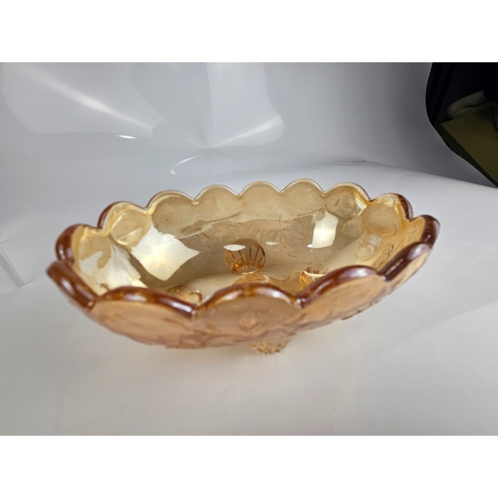 Vintage Amber Carnival Glass‎ Footed Bowl Scalloped Iridescent